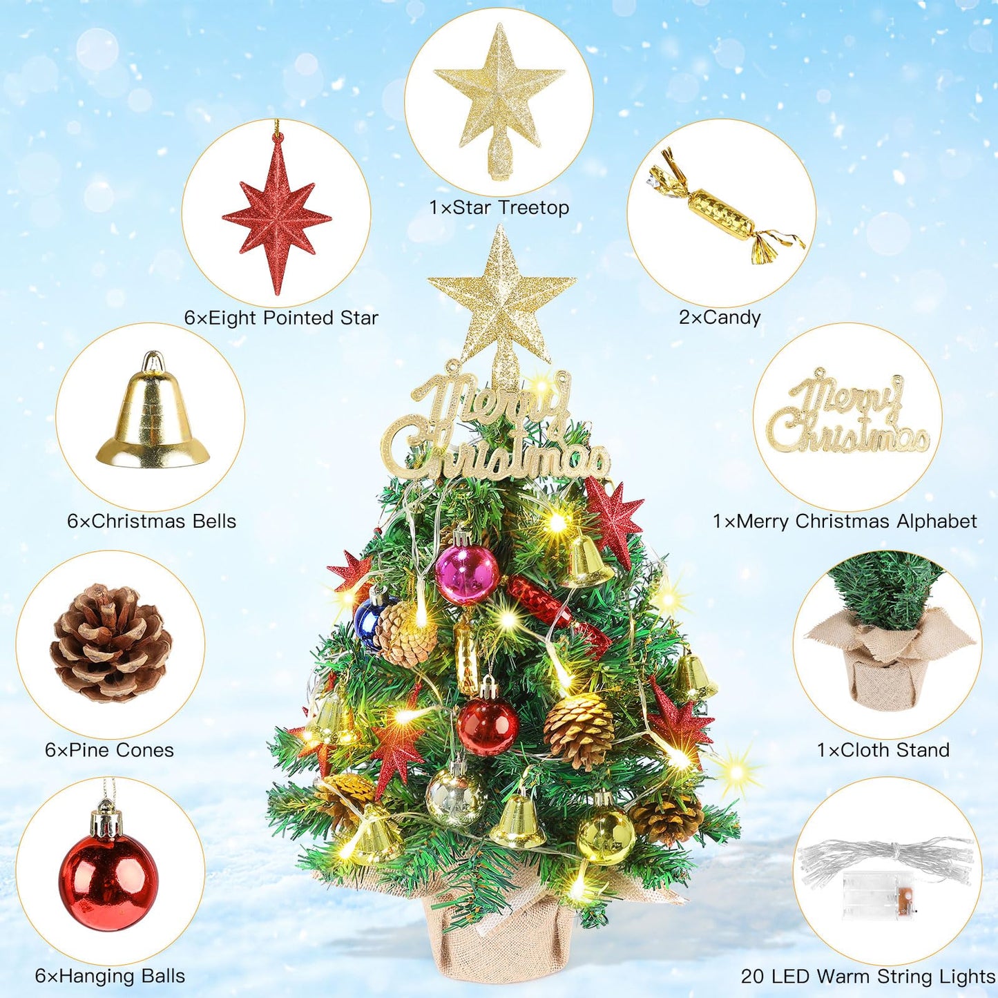 Tabletop Christmas Tree 21.65 Inch Mini Artificial Christmas Tree with 20 LED String Lights, Star Tree, Pine Cones Ornaments, Small Xmas Tree for Holiday Indoor DIY Christmas Decor