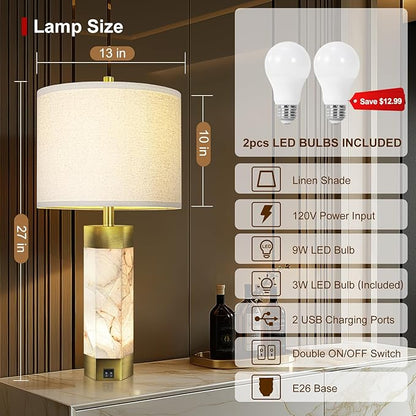 Natural Alabaster Table Lamps Set of 2,Table Lamp with Night Light for Living Room,Nightstand Lamp with USB Ports,Bedside Lamp with Linen Fabric Shade for Bedroom,Living Room,Office,Bar(Bulb Included)
