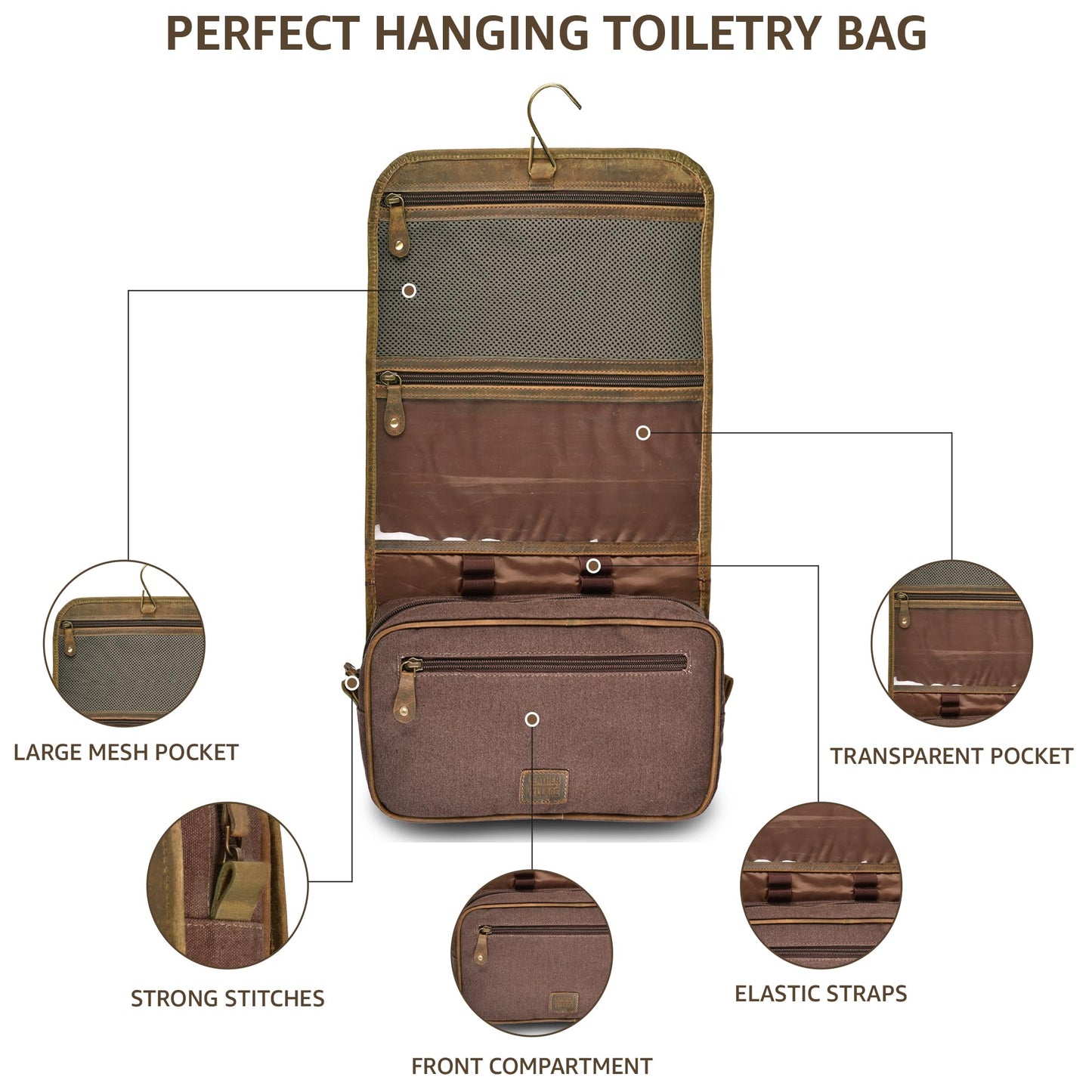 LEATHER VILLAGE Hanging Genuine Leather Toiletry Bag for Men – Handcrafted Vintage Travel Dopp Kit with Waterproof Lining, Shaving Organizer and Shower Bathroom Essentials Case - Mud