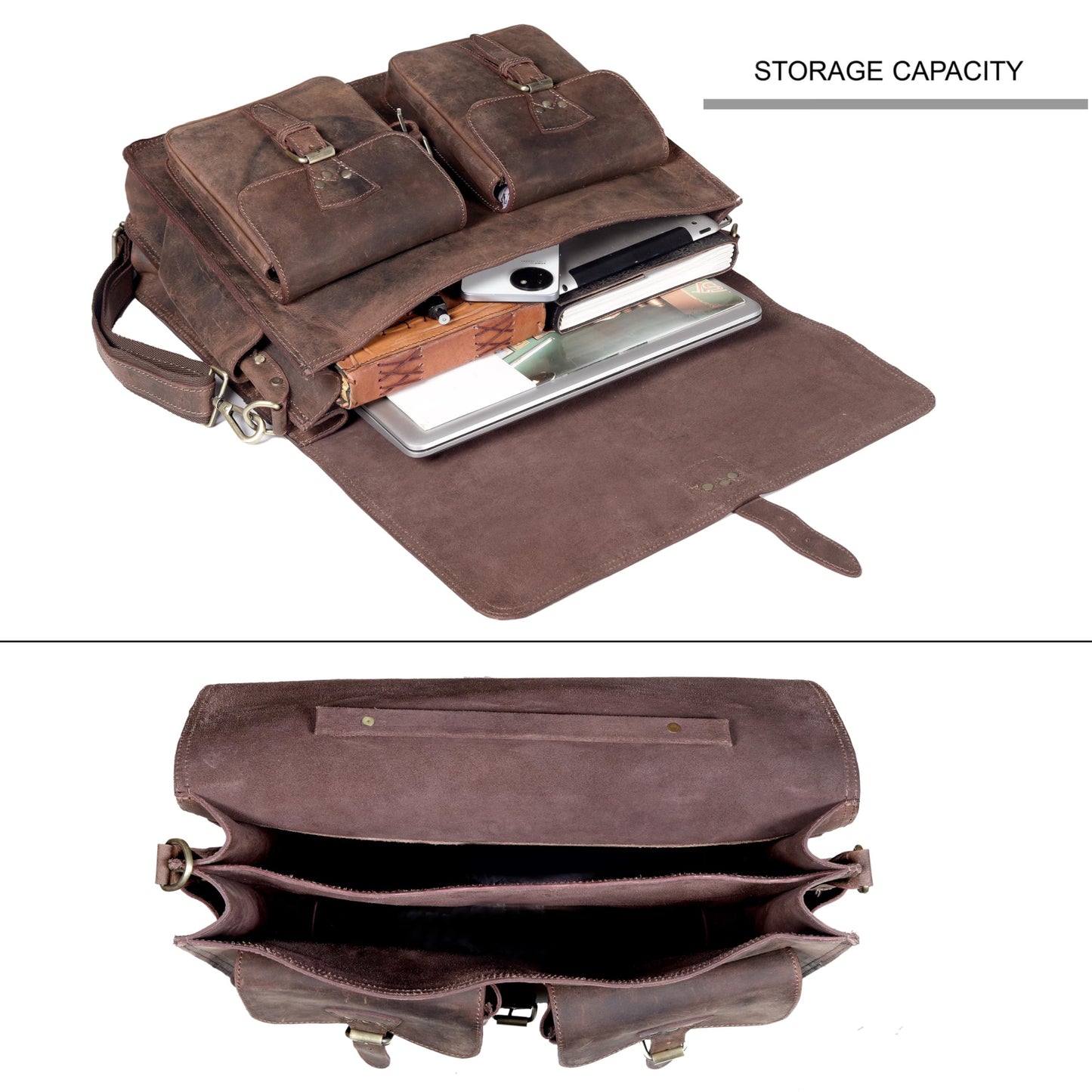 Vintage Leather Messenger Bag for Men & Women, Multi-Pocket Briefcase Satchel, 16 Inch Laptop Shoulder Bag – Brown (Vintage Brown, 16 inch Medium)