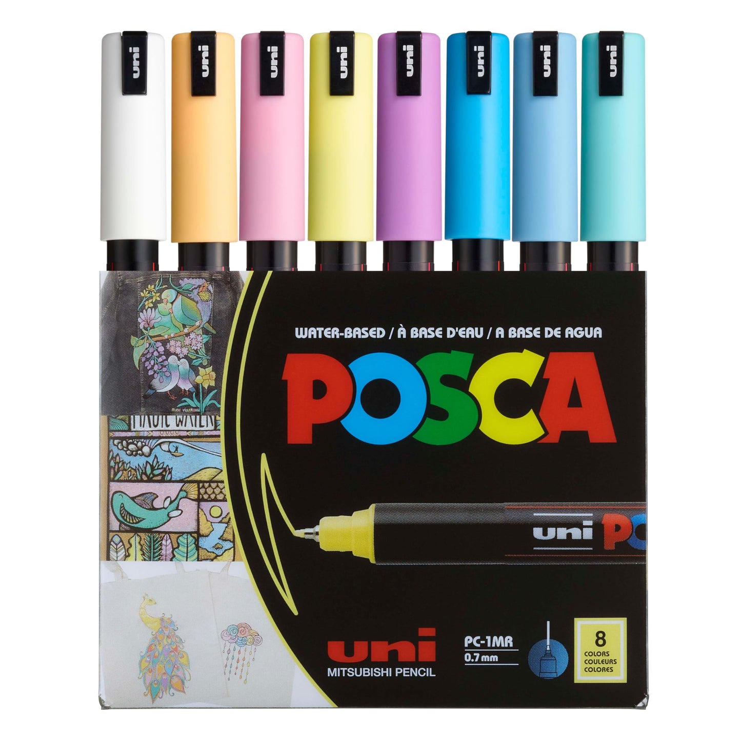 Posca Markers Set, 8 Extra Fine Paint Markers 1MR – Soft Tones – White, Sunshine Yellow, Apricot, Light Pink, Coral Pink, Lavender, Light Blue, Aqua Green