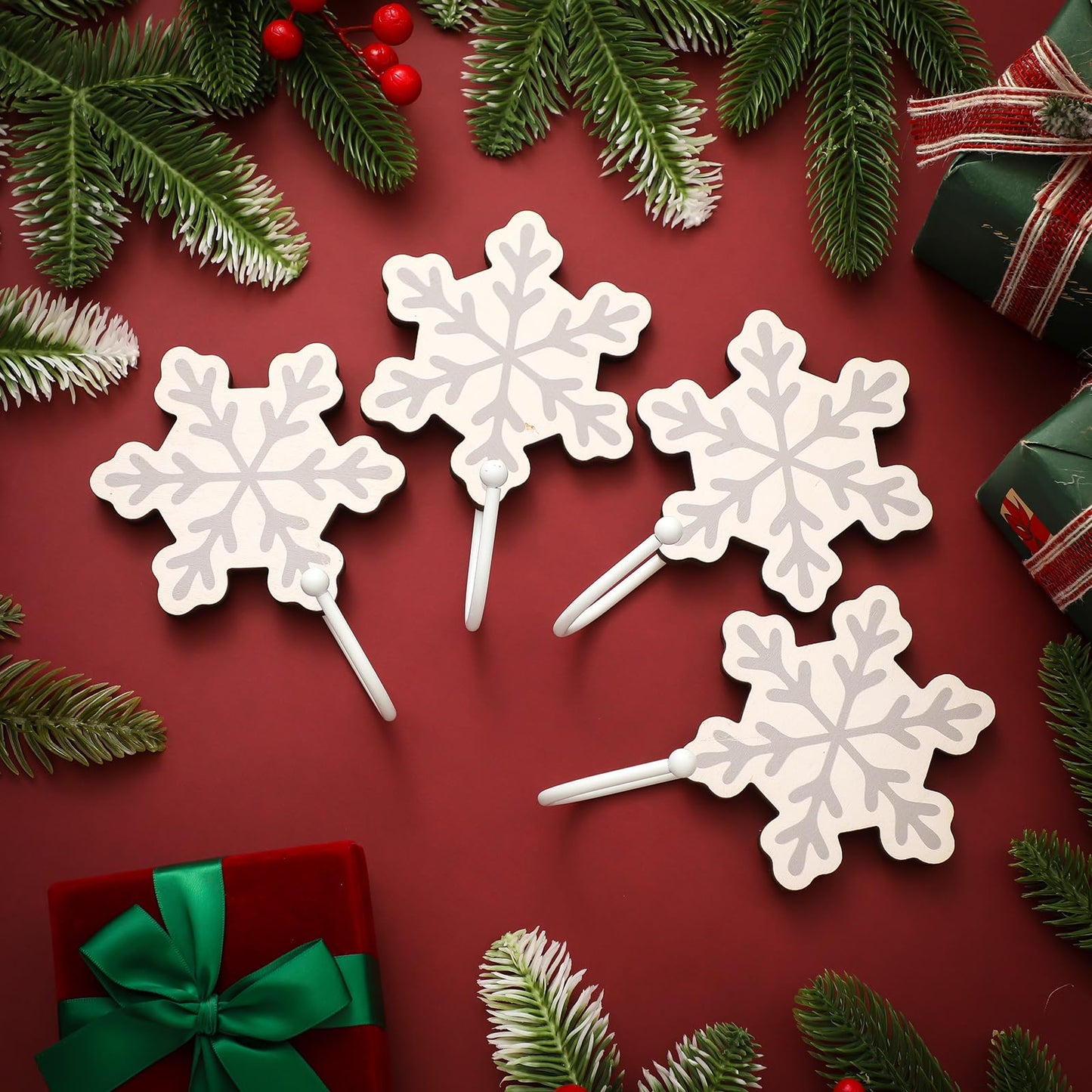 Weysat Christmas Stocking Holder Set of 4 Christmas Stocking Hooks Snowflake Wall Hooks for Towel White Key Holder Bathroom Decor Rustic Decorative for Living Room Bathroom