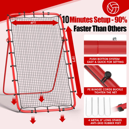 Volleyball Rebounder Net 7x4 Ft, 5-Angle Adjustable Rebounder Net for Practicing Digging, Setting, Spiking, Bounce Back Training Equipment with 2 Target Stripes & Portable Travel Bag for Storage
