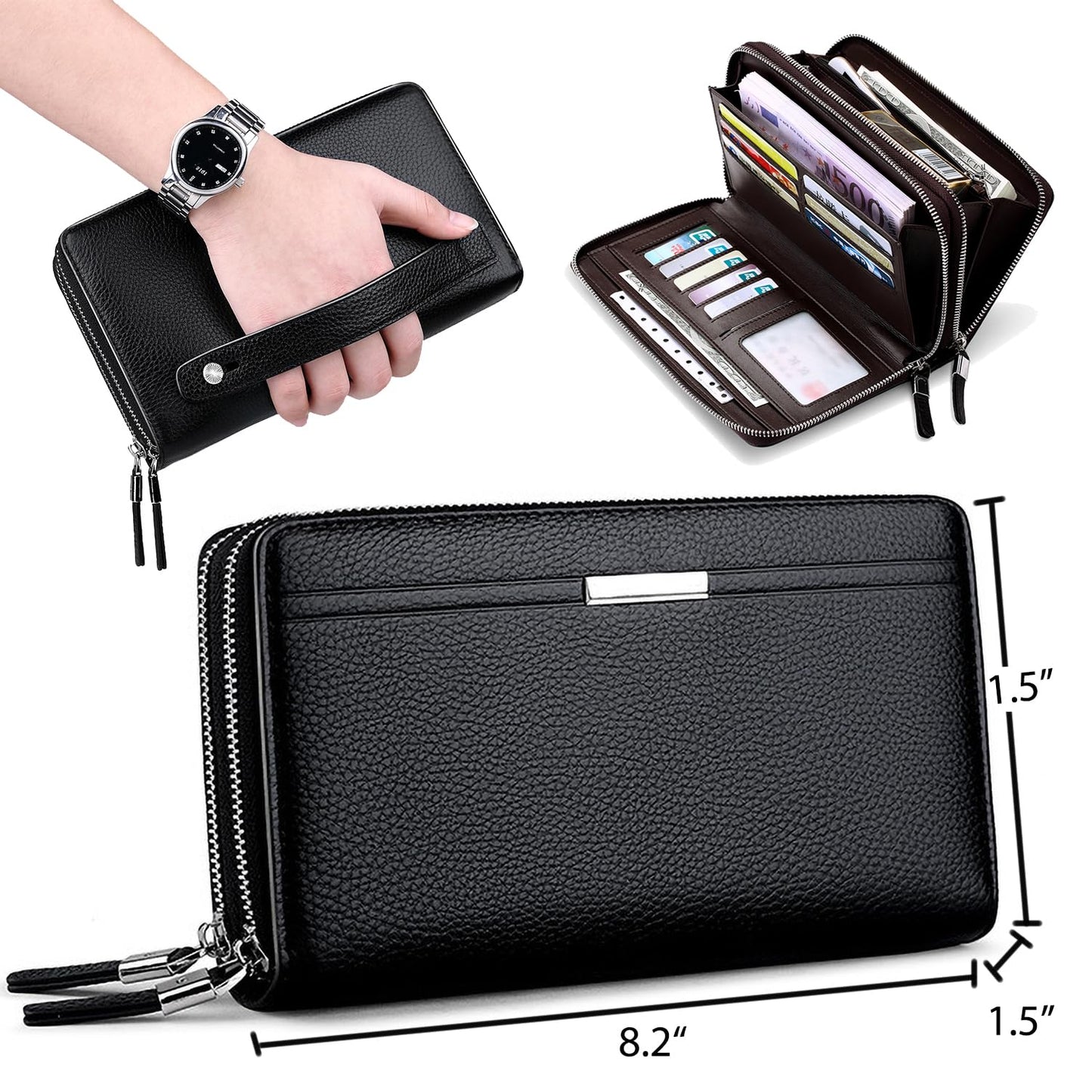 Long Wallet for Men with 12 Card Slots, Waterproof Leather Zipper Wallets for Men, Travle Wallet Clutch Men for Phone Cash and Card, Gift for Father Son Husband Boyfriend (Black)
