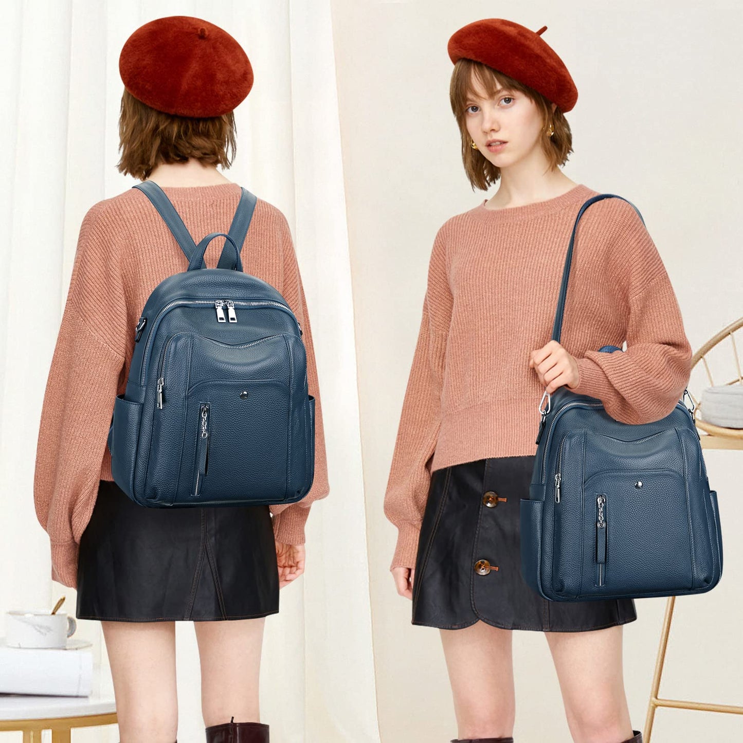 ALTOSY Fashion Genuine Leather Backpack Purse for Women Shoulder Bag Casual Daypack Medium(S9 Indigo Blue)