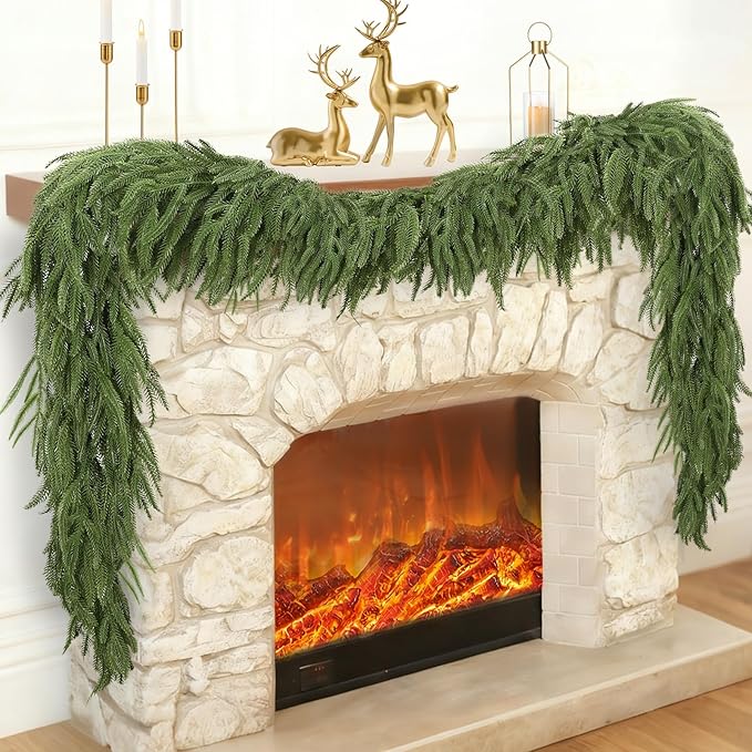 2PCS 6FT Christmas Norfolk Pine Garland, Realistic Greenery Artificial Garland for Indoor Outdoor Door Porch Fireplace Wall Staircase Holiday Christmas Decor