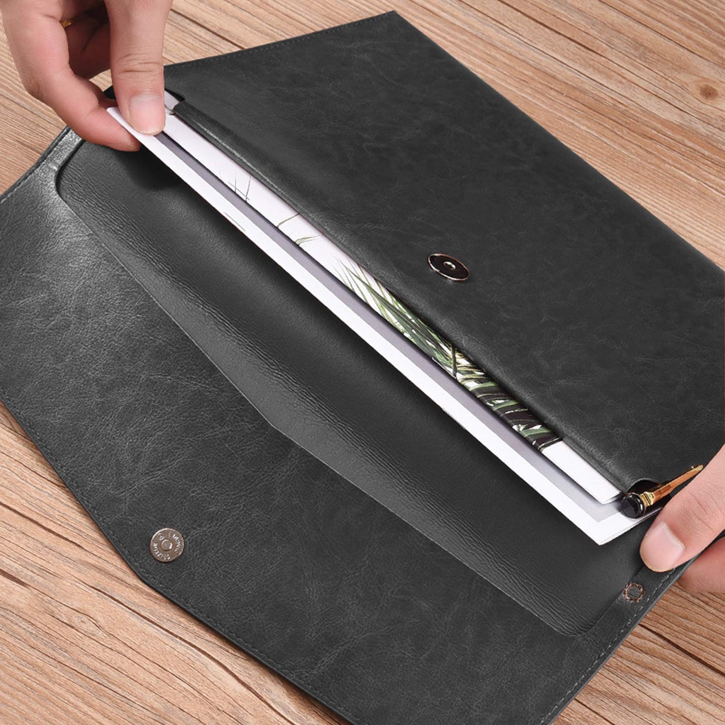 Enyuwlcm PU Leather A4 File Folder Document Holder Envelope Folder Case with Snap Closure for Receipt Contract Black&Brown