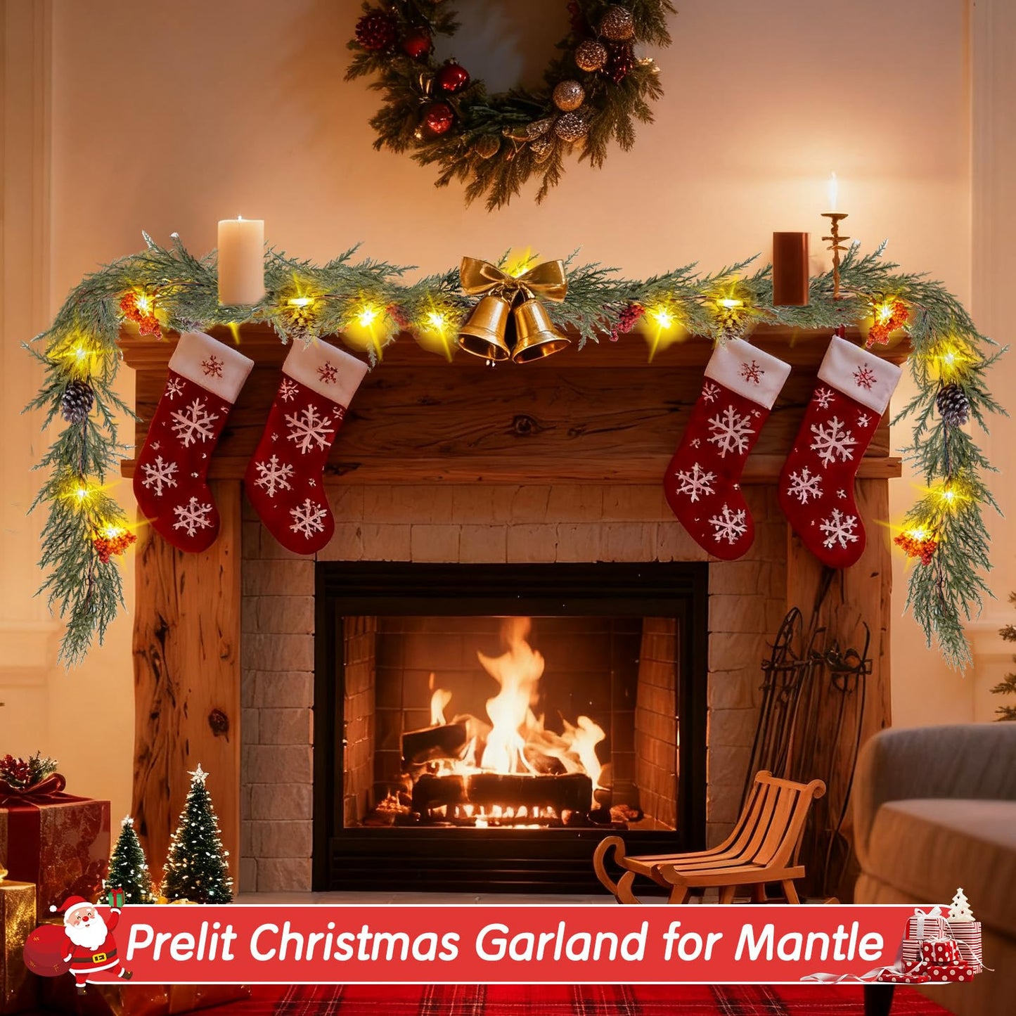 HUZIYAHAN Prelit Christmas Garland with Lights 9FT Christmas Tree Lighted Garland Outdoor Indoor Battery Operated Garland for Mantel Table Porch Stair Wall Winter Home Holiday Christmas Decorations