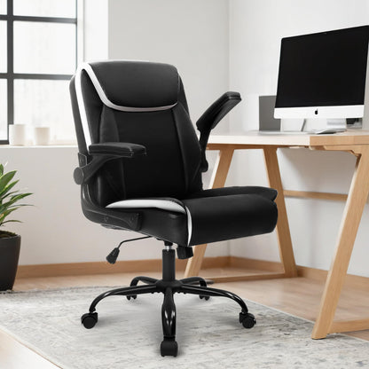 NEO CHAIR Office Desk Computer Chair Ergonomic Executive Mid-Back Leather Gaming Chair with Adjustable Flip-Up Armrests Wheels Swivel for Home Study Task (Black)