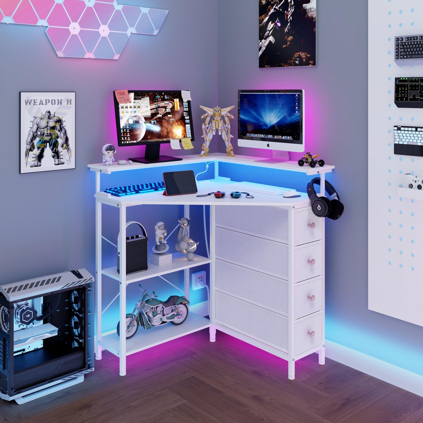 VENNQD Corner Desk with Drawers Shelves for Small Space 90 Degrees Triangle Computer Desk with Power Outlets,Gaming Desk with LED Lights Monitor Stand for Home Office Workstation Writing Table (White)