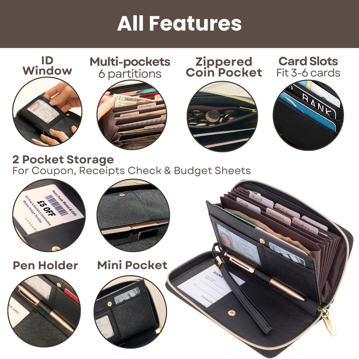 Simplified Cash Envelopes System Budgeting Wallet-NO Envelope & Budget Binder Needed, Multi-pocket Cash Stuffing Wallet, Money Organizer, Expense Tracker Sheets Card Holder, Leather Wallets For Women