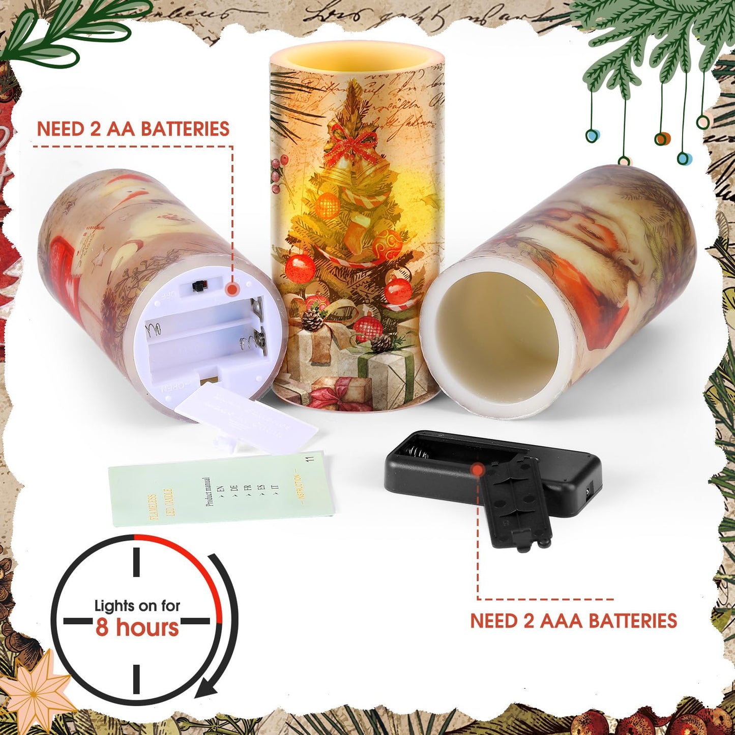 Retisee 3 Pcs Christmas Flameless Candles with Remote Timer Real Wax LED Flickering Pillar Candle White Cold Light Battery Operated for Home Window Xmas Gift Winter Holiday Decor(Retro)