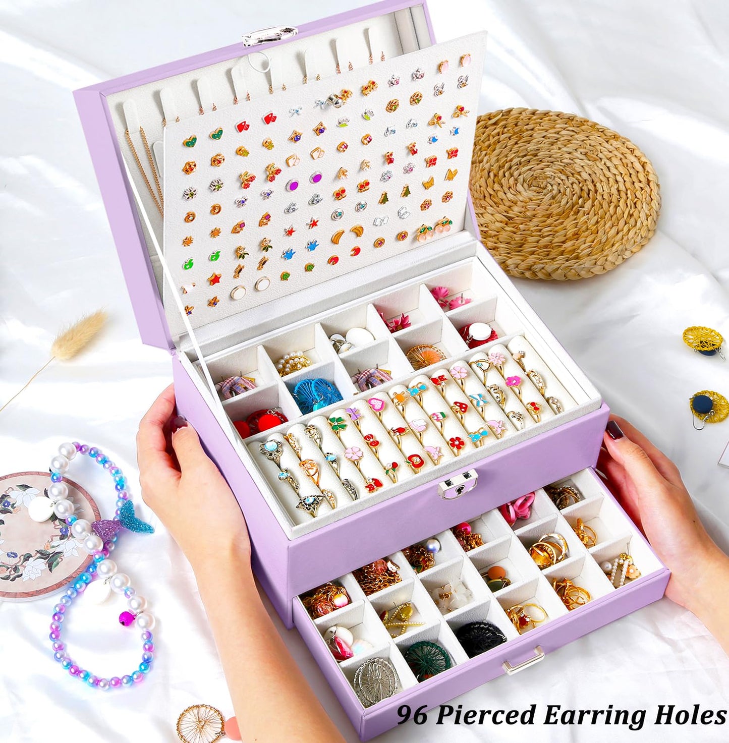 QBestry Earrings Jewelry Box for Girls, 5 Layers Jewelry Organizer with Earring Holder Organizer for Girls Earring Organizer Jewelry Boxes for Women Earrings and Necklaces Jewelry Box Organizer Violet