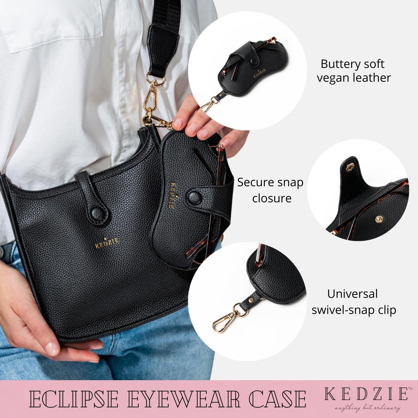 KEDZIE Eclipse Eyewear Case Unisex Vegan Leather Eyeglass Case Pouch with Snap Closure - Black
