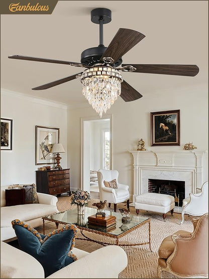 Fanbulous 60 Inch Farmhouse Fandelier Ceiling Fans with Light, Crystal Ceiling Fan Chandelier with 6 Speeds, Quiet Reversible Noiseless DC Motor, 3CCT, Indoor Ceiling Fan for Living Room Bedroom