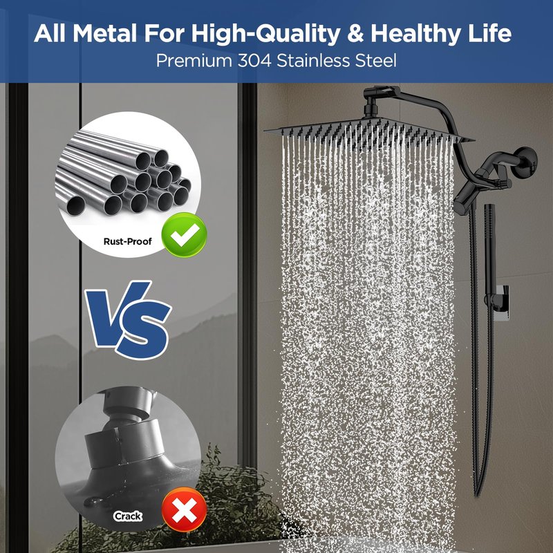 HOPOPRO 10” All Metal Rainfall Shower Head Combo with Handheld Spray, High Pressure Showerhead Combination, Adjustable Dual Showerheads with Extension Arm, Full-Body Coverage Shower Experience, Black