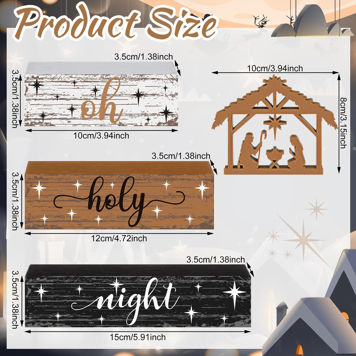 Geelin 4 Pieces Christmas Nativity Scene Table Decorations Xmas Wooden Silent Night Block Signs Holy Night Tabletop Centerpieces Farmhouse Tiered Tray Decor for Home Table Kitchen Shelf