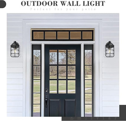 Emliviar 1-Light Outdoor Wall Sconce, Metal Cage Industrial Exterior Wall Light Fixture, Clear Tempered Glass with Black Finish, GE255BL BK