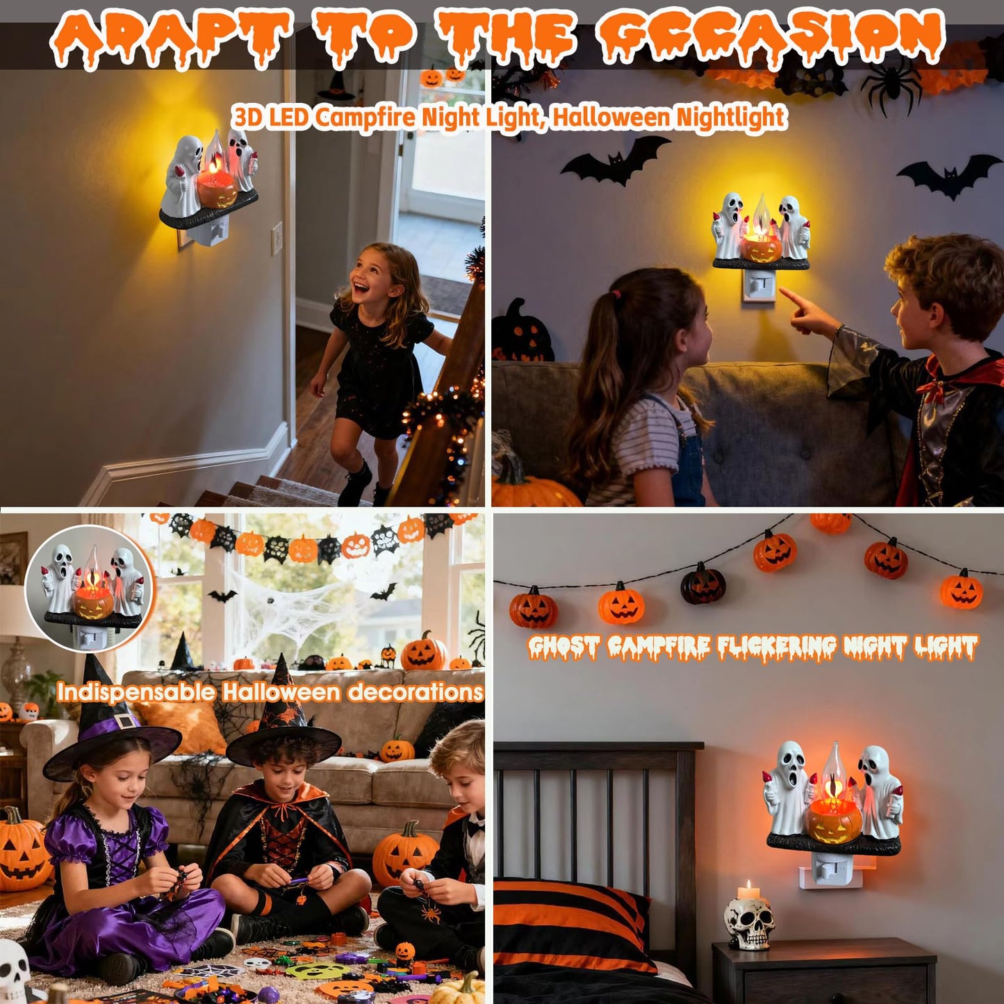 nlaa Ghost Campfire Nightlight,Halloween Campfire Flickering Night Light,3D Spooky Fire Marshmallow Night Light for Halloween Decor (Torch Ghost)
