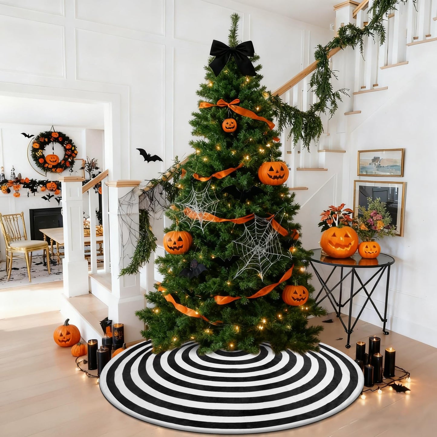 yuboo Black and White Christmas Tree Skirt 48 Inches, Annual Ring Spiral Tree Skirt for Halloween Decorations Ornaments Christmas Tree Decor