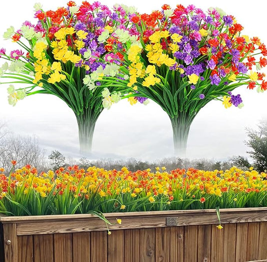 10 Bundles Artificial Flowers, Outdoor Gypsophila Baby's Breath Fake Flowers, UV Resistant Faux Greenery Shrubs Hanging Plants for Home Wedding Garden Porch Window Decoration (Long Leaves)
