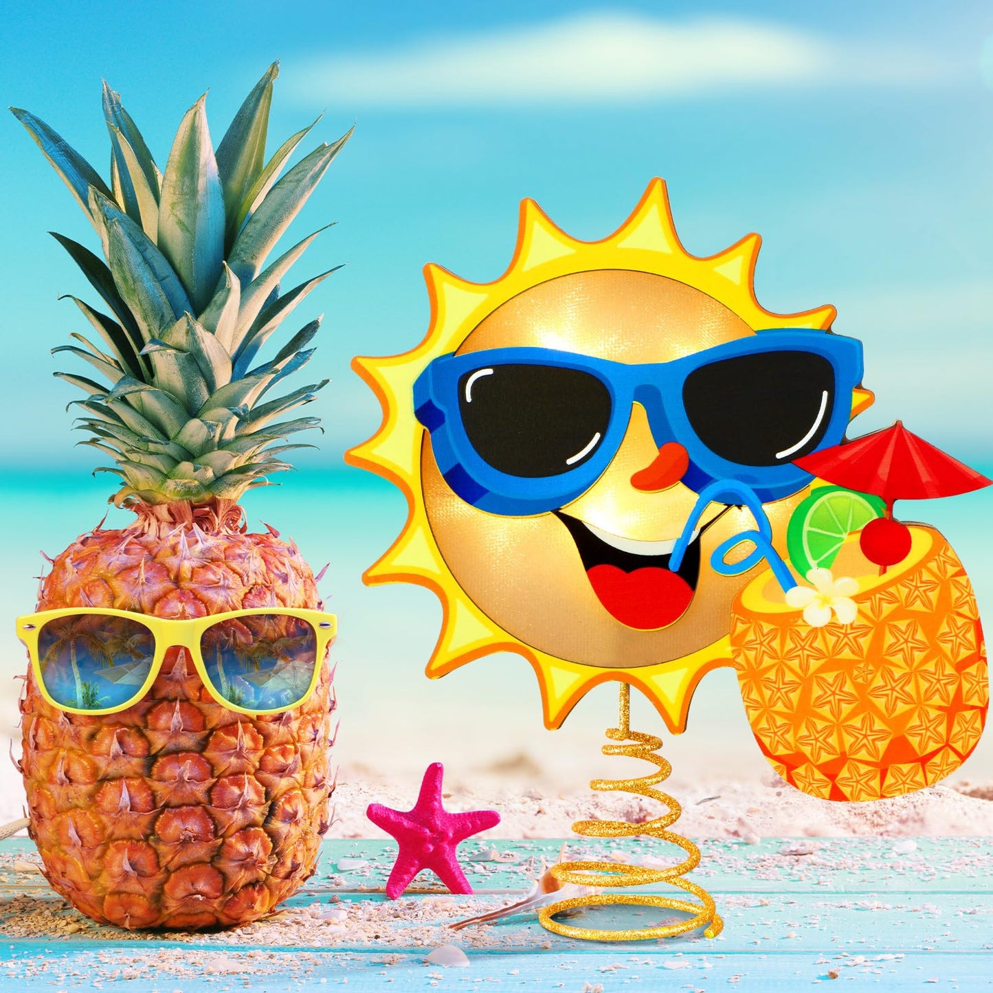 Craftsatin 10 x 8 Inch Wood Summer Tree Topper with LED Light Christmas in July Summer Tree Top Ornaments for Luau Party Hawaiian Decorations Tabletop Display Supplies