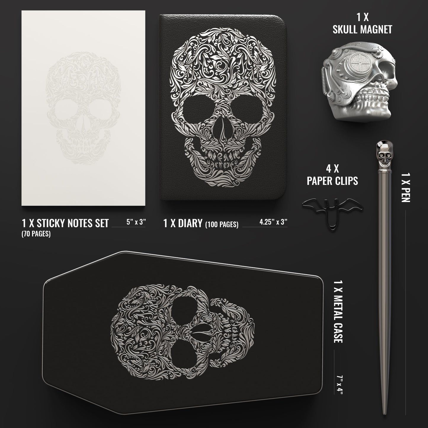 Death Decor Gothic Stationery Gift Set – Journal Notebook, Sticky Notes, Bat Paper Clips & Skull Magnet – Dark Aesthetic Writing Journal for Office, School, Halloween & Gifts