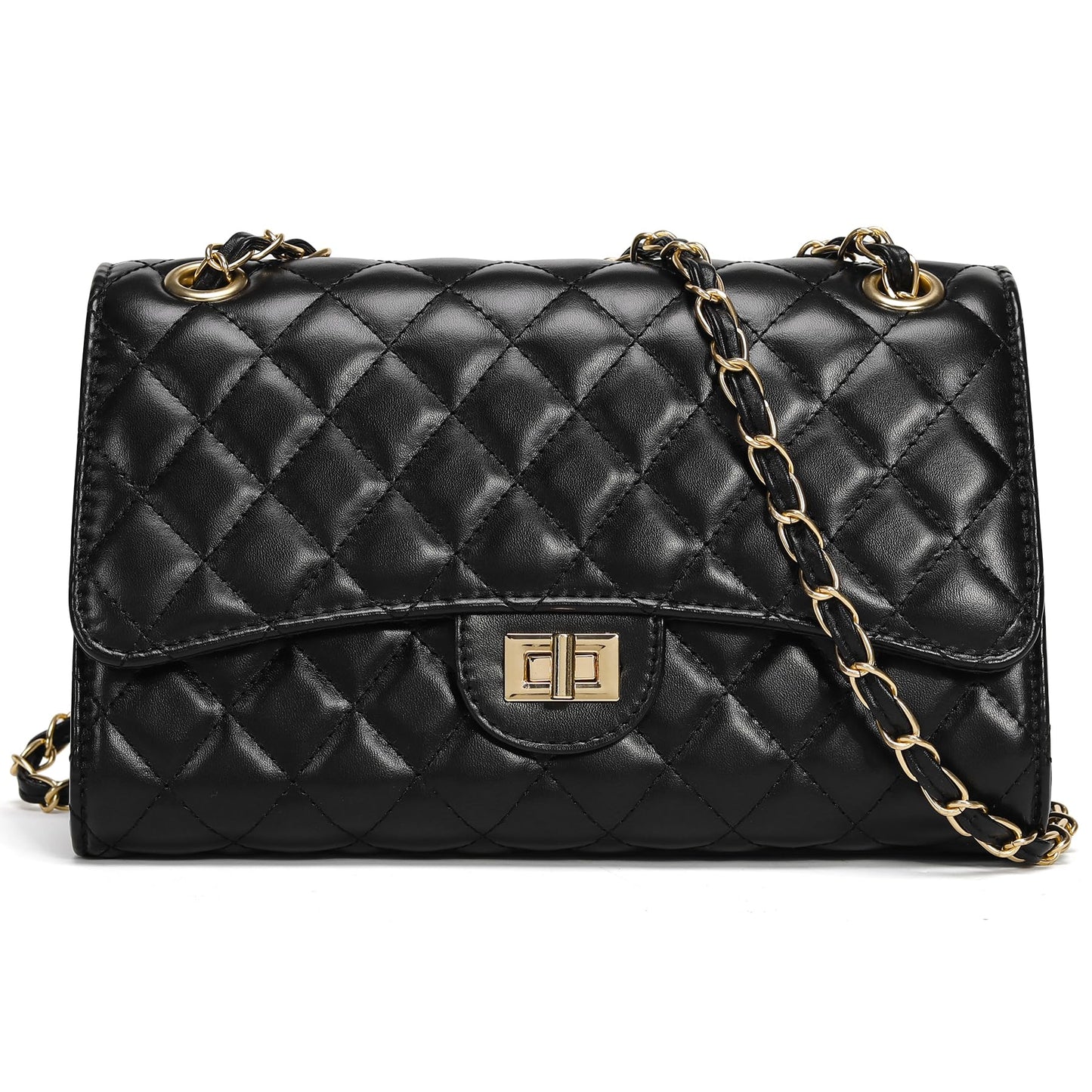 Quilted Crossbody Purse for Women Trendy Ladies Shoulder Bag with Chain Strap PU Leather Cross Body Bags Satchel HandBag,Black