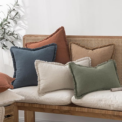 MIULEE Decorative Lumbar Throw Pillow Covers Neutral Linen Fringe Throw Pillows Set of 2 Brown Boho Farmhouse Cushion Covers with Tassels for Couch Sofa Bed Living Room Spring Home Decor 12x20 Inch