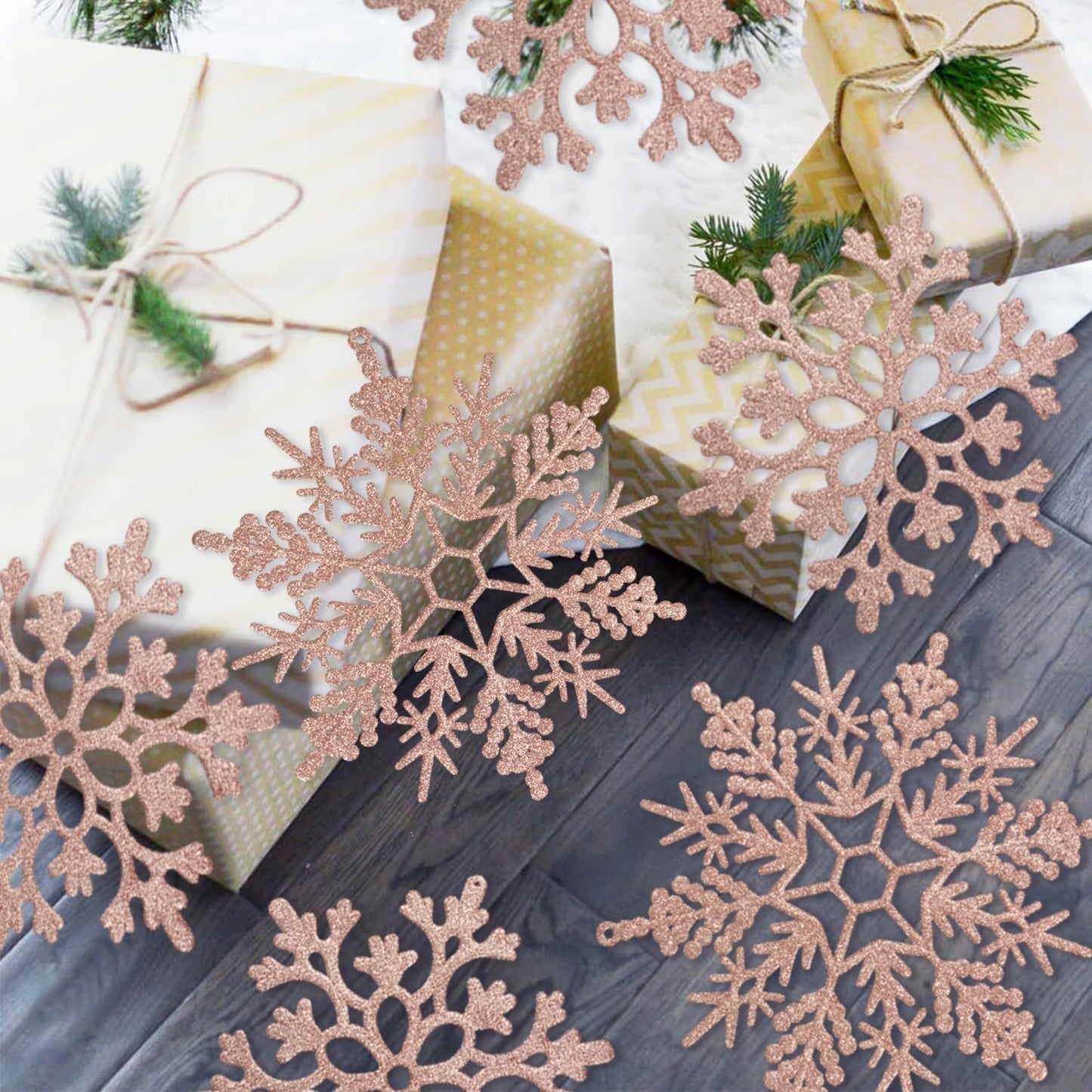 6pcs Large Snowflakes Ornaments Rose Gold 12” Big Plastic Glitter Snowflake for Winter Indoor Outdoor Christmas Tree Window Room Decorations Giant Craft Snowflakes
