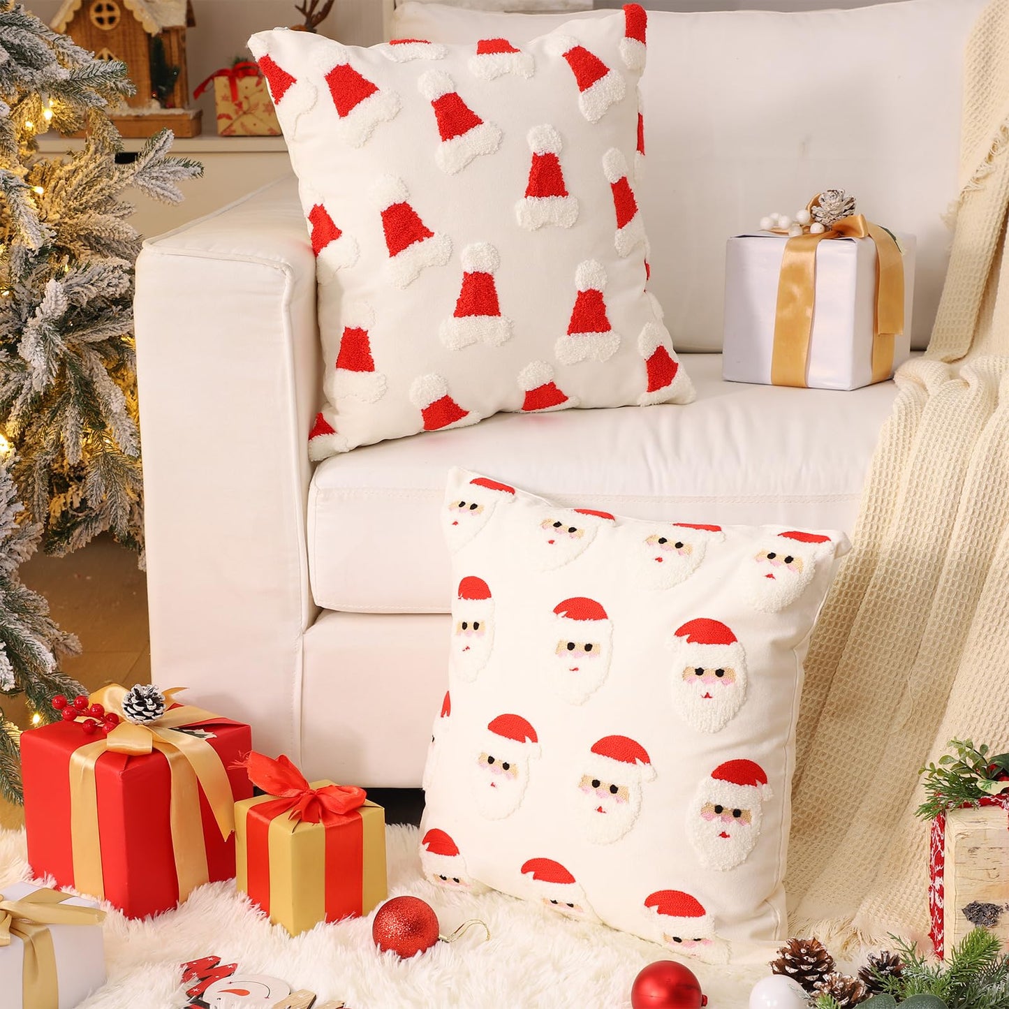 Hahafelt 2 Pcs Christmas Throw Pillow Covers 18x18 Inch Santa Claus Christmas Decorative Square Pillowcases Embroidery Cushion Covers Soft Plush Faux Fur Wool Decor for Winter Sofa Living Room