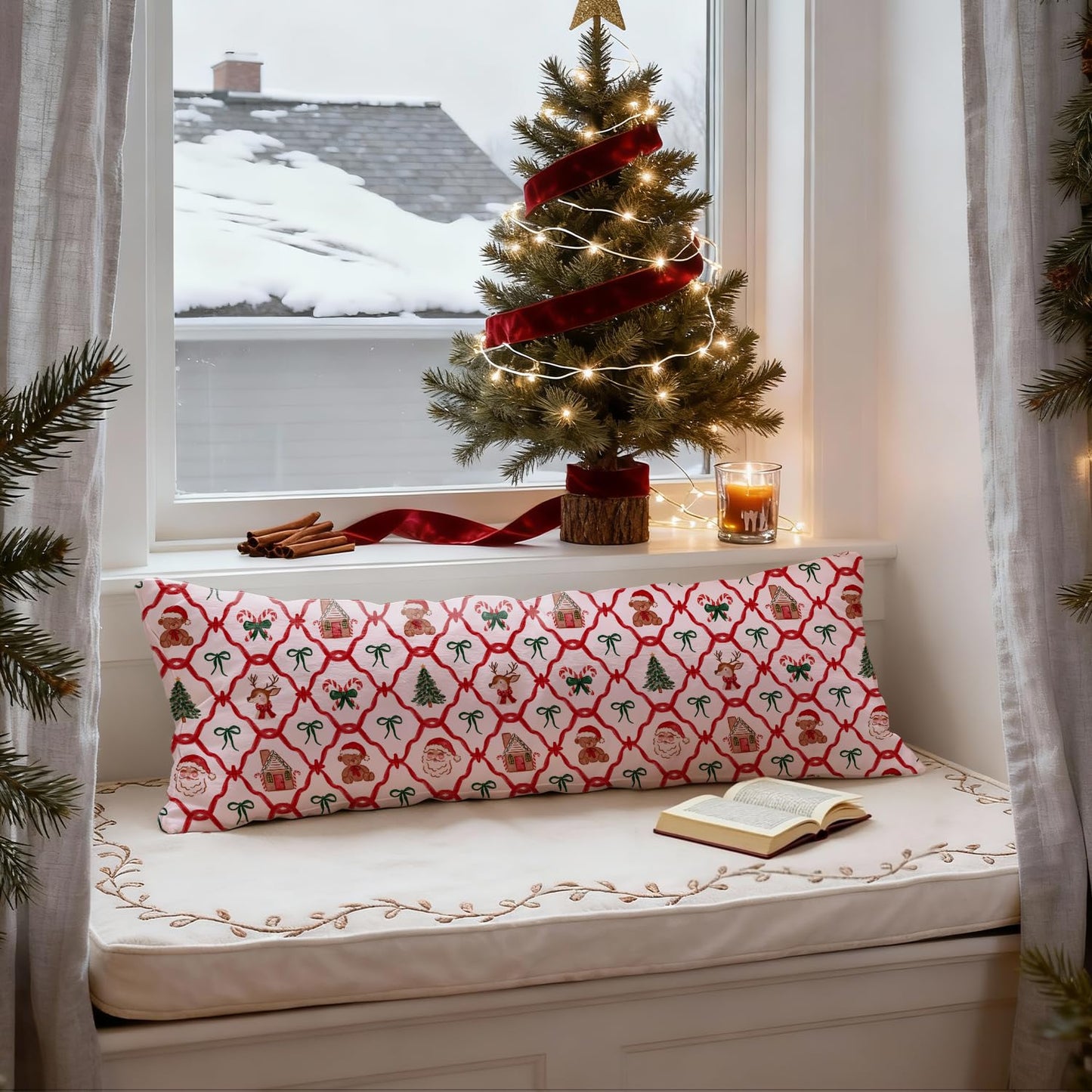 Mancheng-zi Red and Green Christmas Bow Trellis 20x54 Body Pillow Cover Pillowcase with Zipper, Coquette Christmas Decor, Retro Xmas Santa Reindeer Decorative Long Hug Pillow Cases for Bed Couch