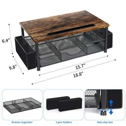 AUPSEN Wood Desk Organizers and Accessories, 2-Tier Computer Monitor Stand Riser with Drawer, Pen Storage & Phone Holder, Office Desk Accessories, Workspace Desktop Organization for Office Supplies（Brown）