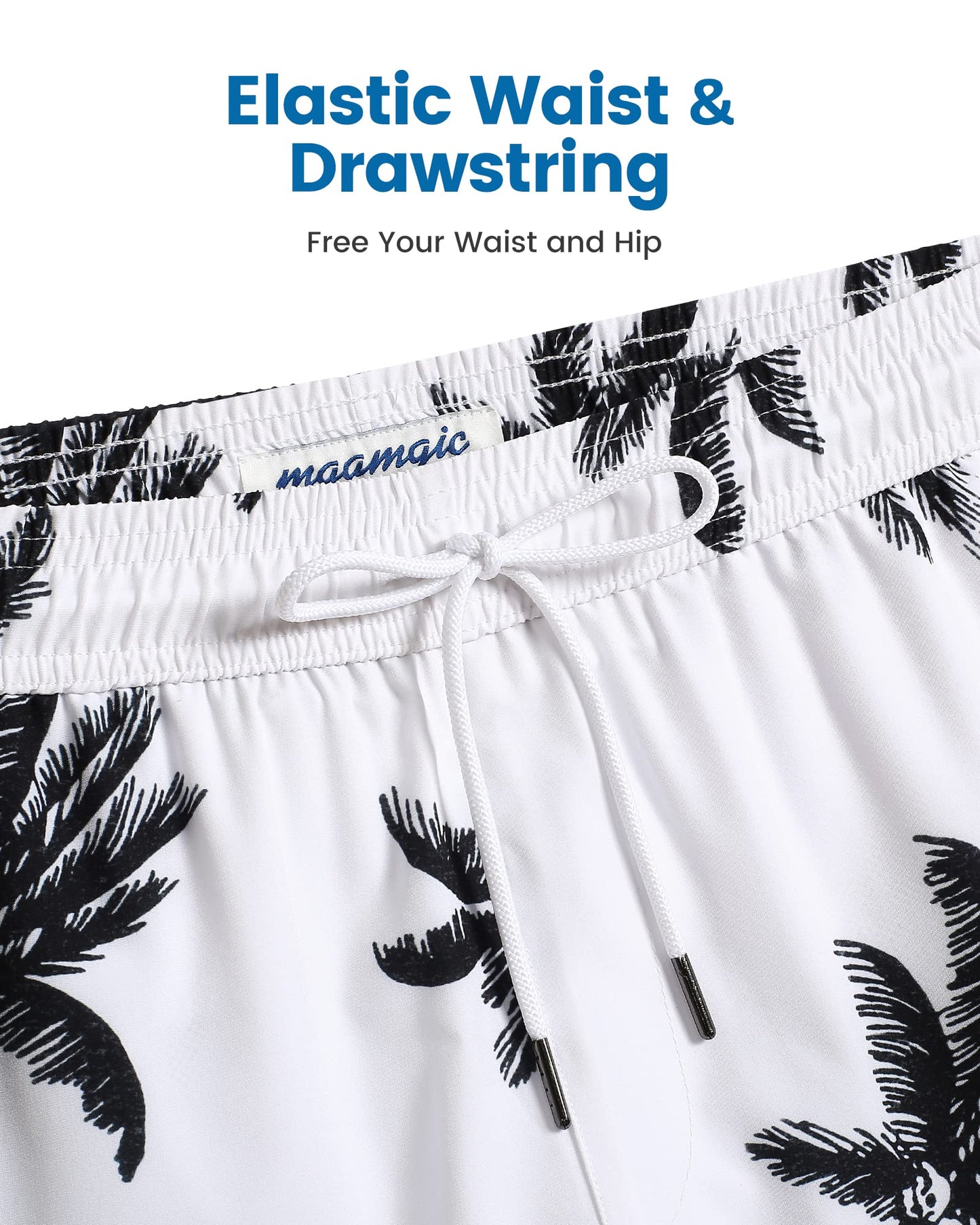 maamgic Mens Swim Trunks with Compression Liner 5 Inch, Quick Dry Bathing Suit with Zipper Pockets, Stretch No-Chafing Swim Shorts, White-Palm Tree XX-Large