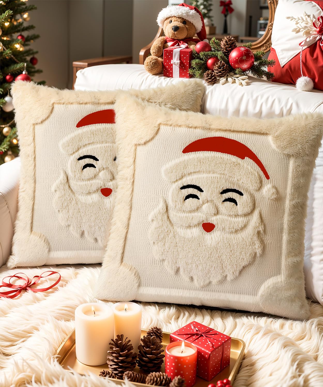 SEGXCFL Christmas Pillow Covers Set of 2 Soft Plush Faux Fur Pillow Cases 3D Embroidered Decorative Couch Cover Home Decor Christmas Throw Pillow Covers 18x18,Beige Santa Clauss