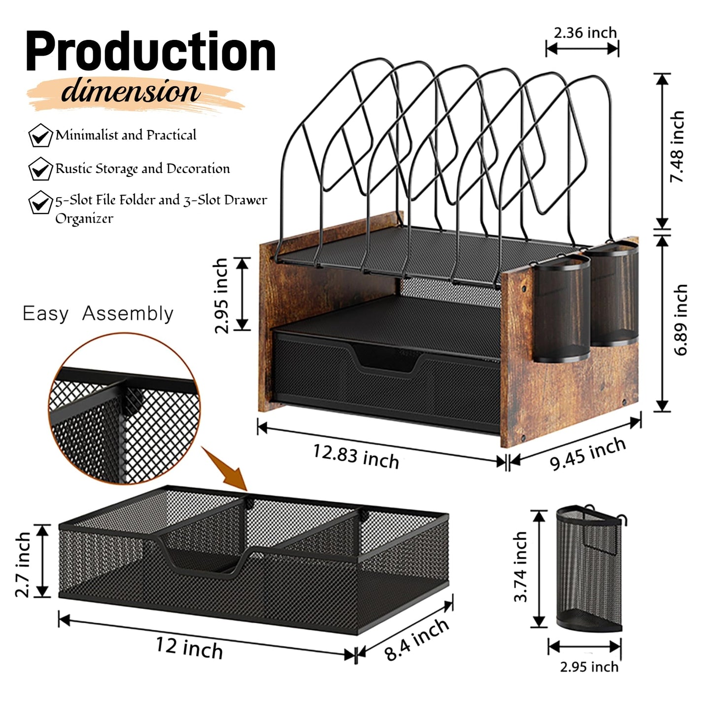 Boershun Wood Desk Organizer - 2-Tier Desktop File Organizer with Drawer with Vertical File Holder, Wooden Paper Tray, Office Desk Organzier and Accessories for Papers, Mail, Notebooks, Stationery