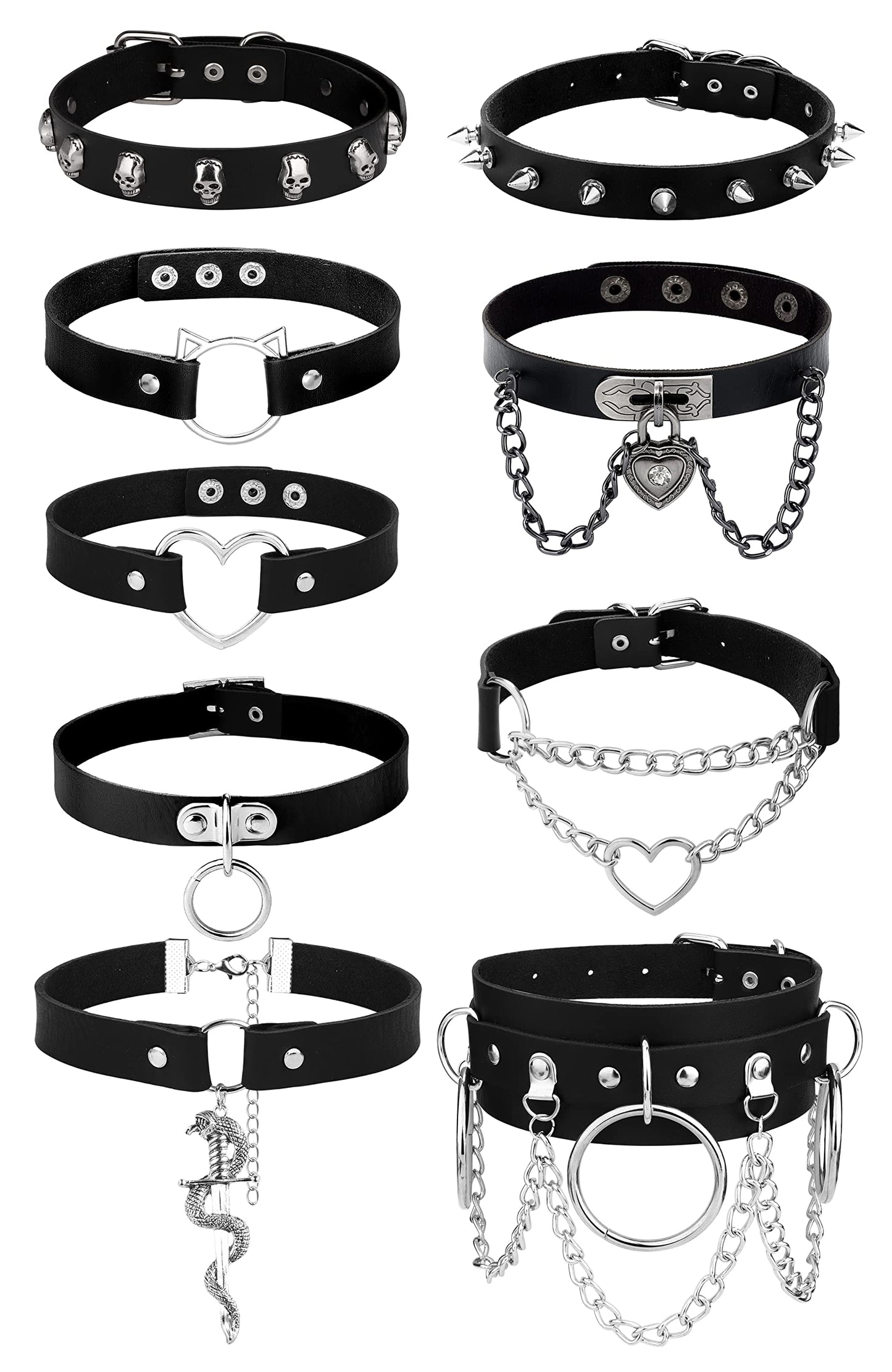 HAIAISO 6-9pcs Leather Punk Goth Choker Necklace - Love Heart Spiked Adjustable Pu Choker Collar for Women