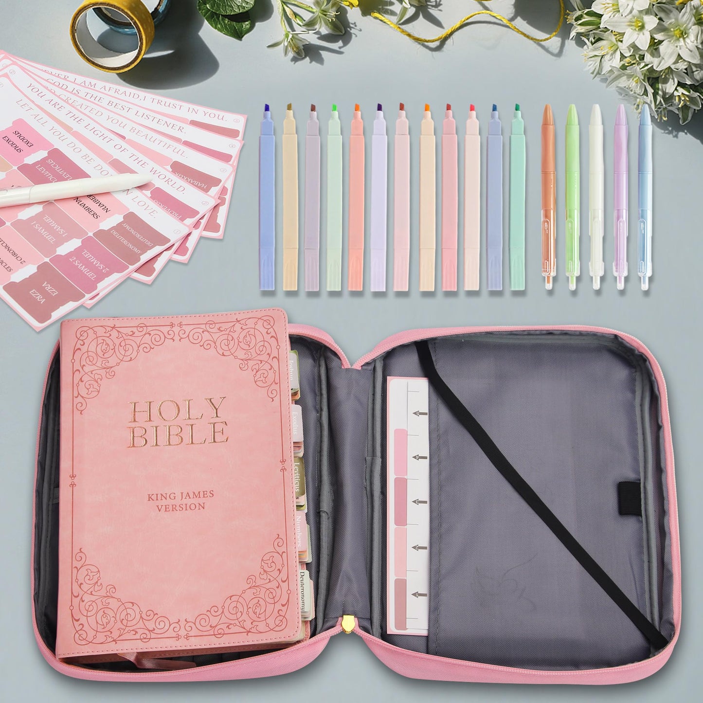 Bible Cover for Women, Bible Holder, Bible Study Supplies Accessories Bible Cover Carrier Carrying Organizer Bag, Zipper and Pockets for Standard Size Bible, Gift for Women（pinksuit）