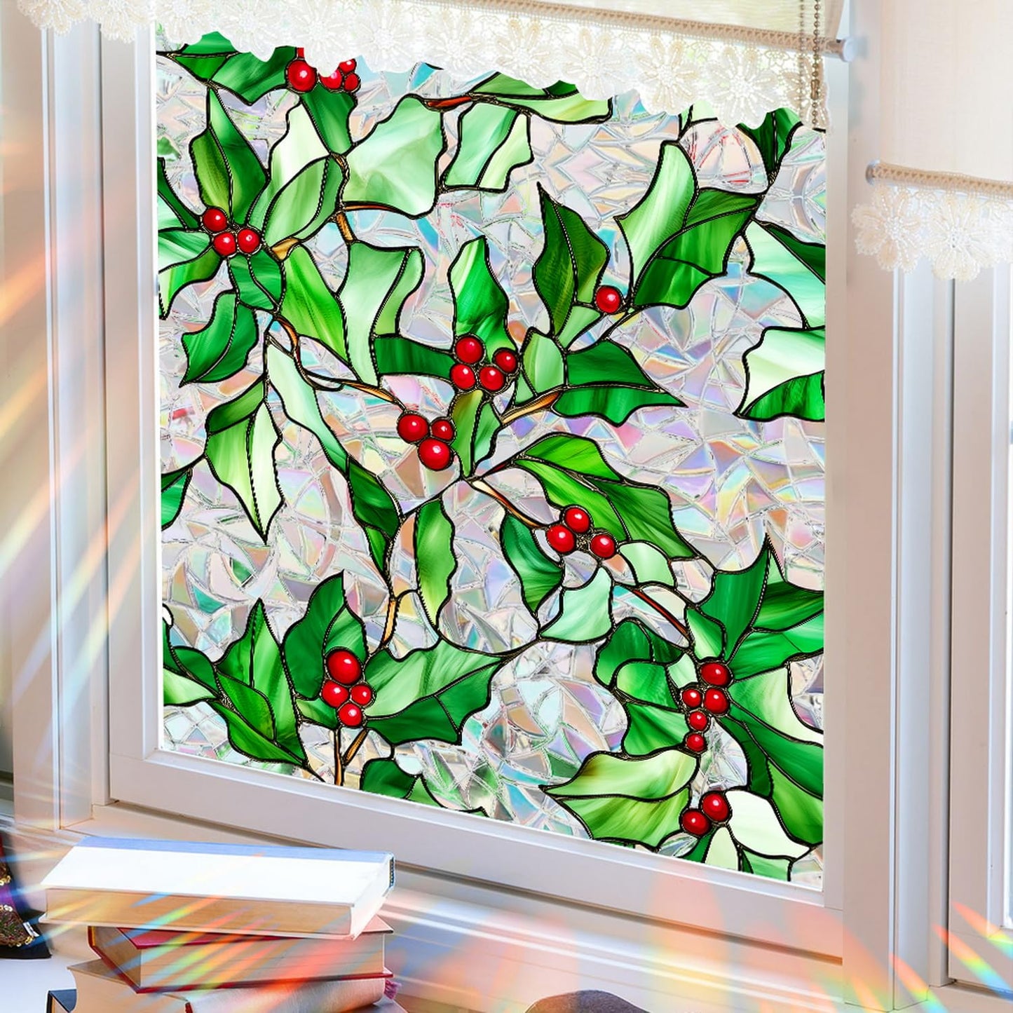 Christmas Window Film Christmas Green Window Clings DIY Glass Art Decoration Xmas Red Berry Designs Privacy Film Stained Glass Window Film Windows Sticker for Holiday Bedroom Door Decor