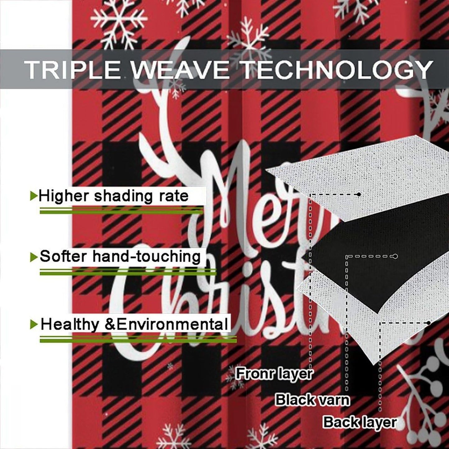 Christmas Curtains, Snowflake Decoration Printed Tartan Fabric, Bedroom Living Room Kitchen Dining Room Decor Curtains Window Treatment 2 Panels Set Total Size 42" W X 45" L Inch