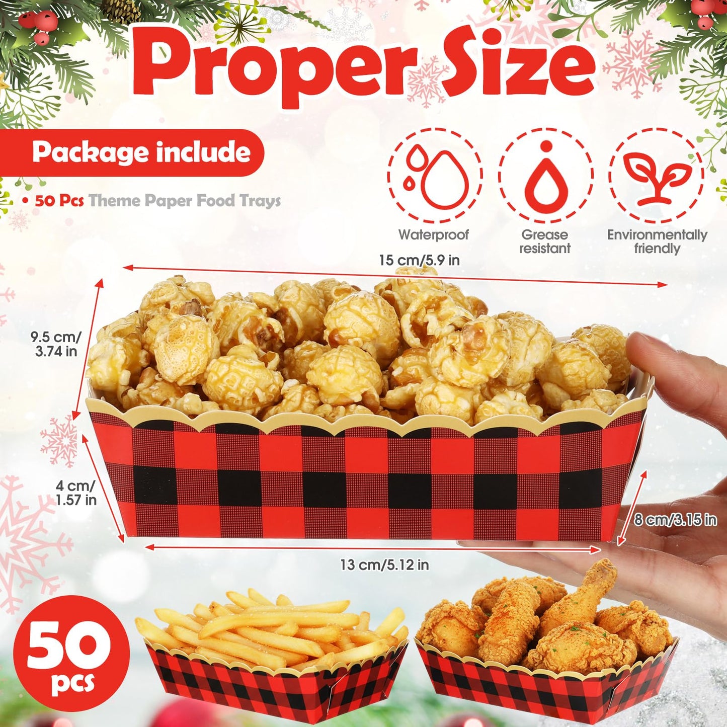 Dunzoom 50 Pack Christmas Buffalo Plaid Paper Plates Food Trays Red and Black Checkered Polka Dot Plates Disposable Food Boats for Snacks Nachos Hot Dog Carnival Bridal Baby Shower Party Decor
