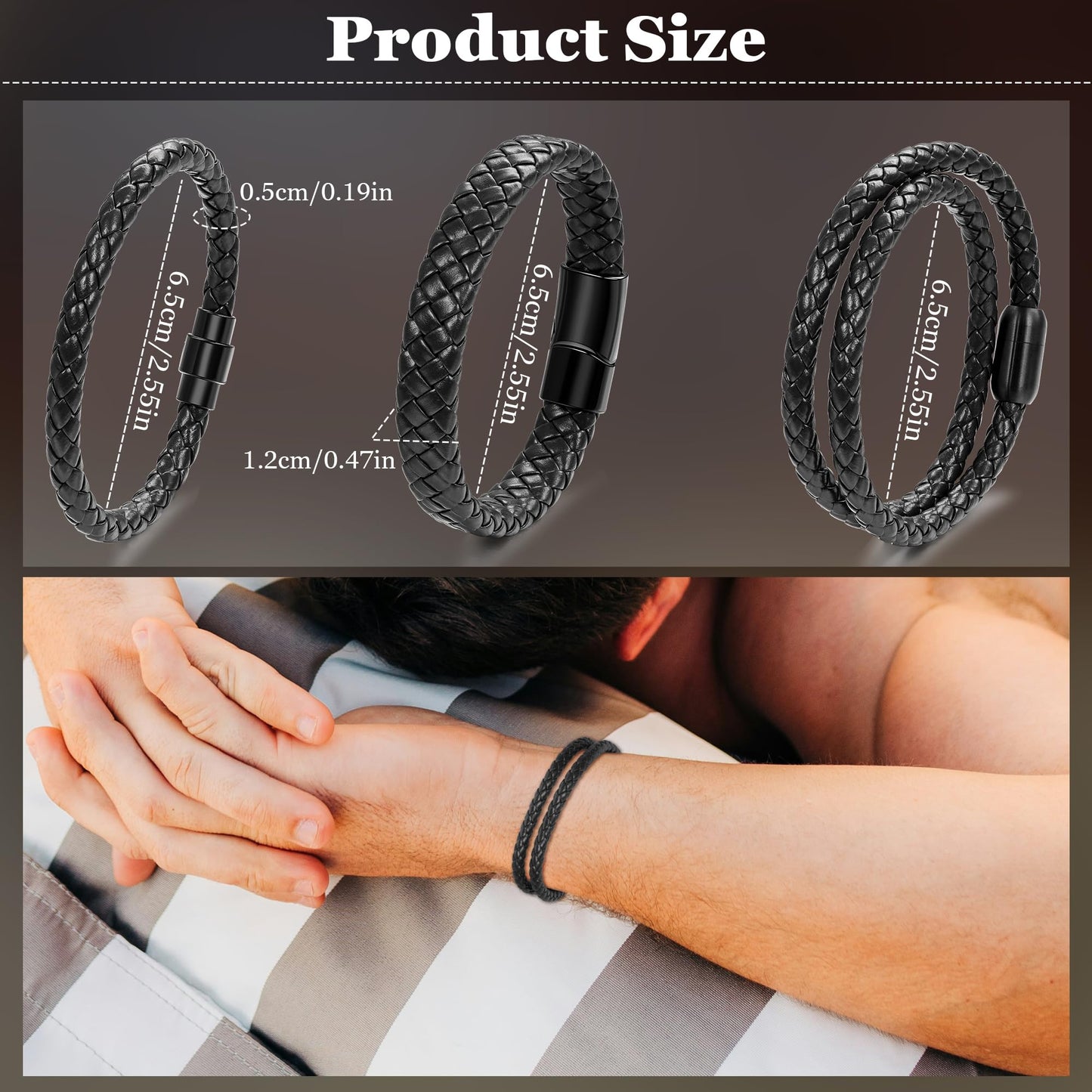 SOMEITIA 3Pcs Genuine Italian Braided Leather for Men Women Leather Wrist Cuff Bracelets Black Brown Stainless Steel Clasp Wrap Wristband Black 9.0 Inch