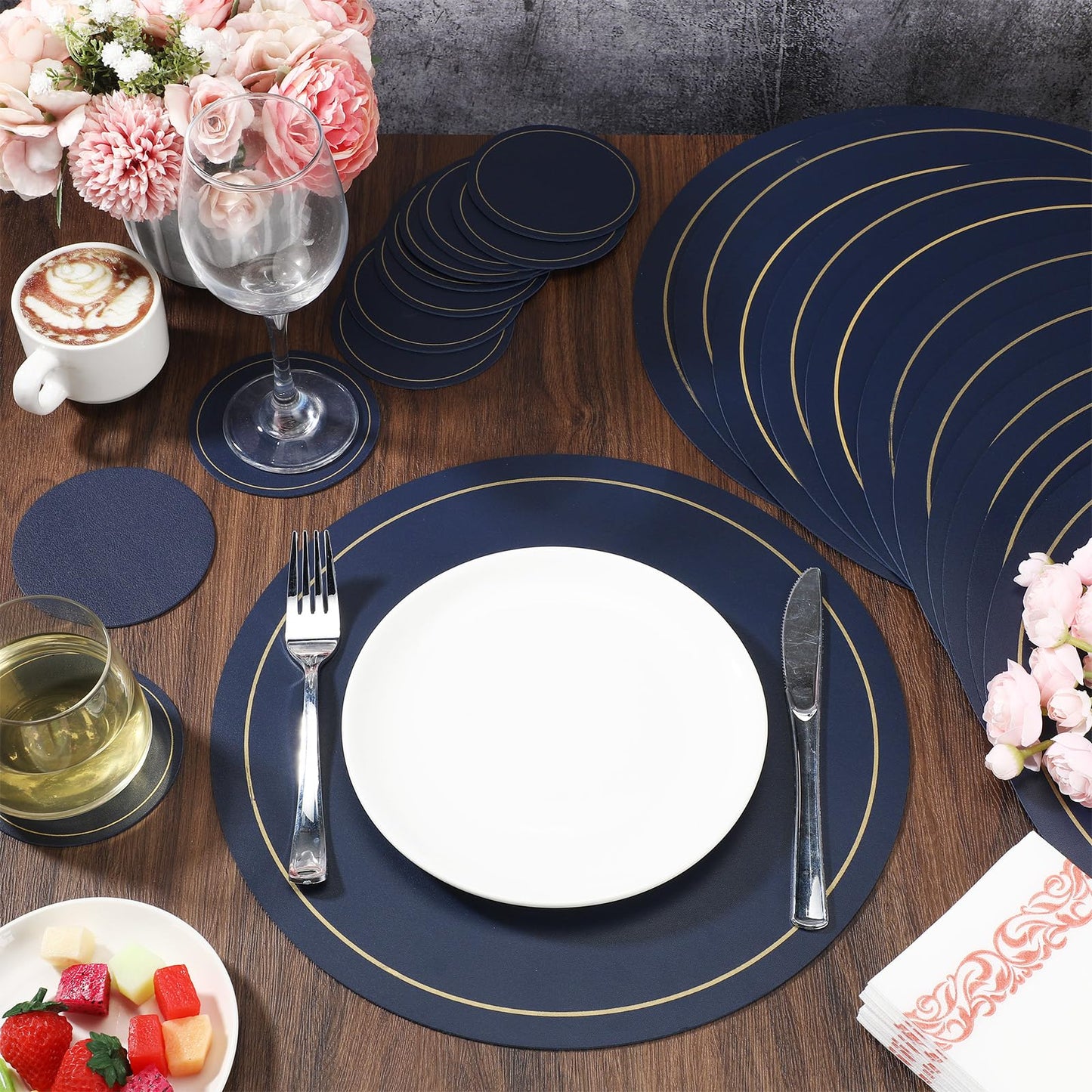 Sunnychicc Set of 12 Round Placemats and Coasters 13 Inch Faux Leather Placemats and 4 Inch Circle Coasters Waterproof Non Slip Kitchen Table Mats with Gold Trim for Dining Table Kitchen (Navy Blue)
