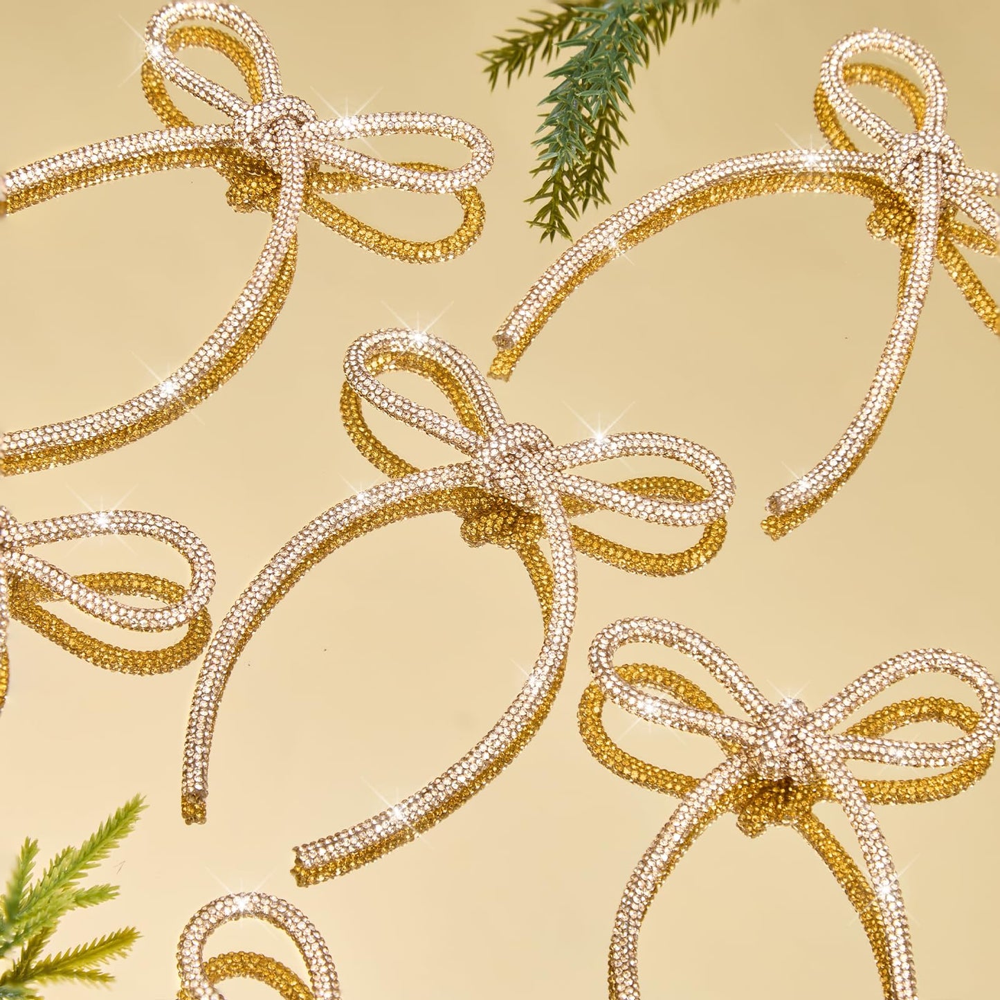 FLAIR GIFTS 12 Pcs 4.3" x 6" 2026 Christmas Bows for Tree Decor, Champagne Gold Sparkly Glitter Rhinestone Bow Ornaments with Twist Tie for Xmas Decoration, Wreath, Garland, Gift Wrapping