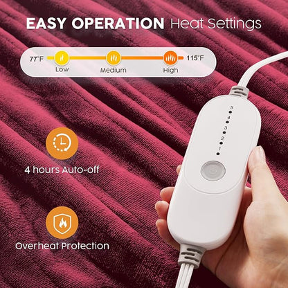 HYLEORY Heated Electric Blanket Full 72"x84" Soft Fleece & Flannel with 5 Heating Levels & 10 Hours Timer Auto Shutt Off, ETL Certified, Washable，Heated Blanket for Body-Red
