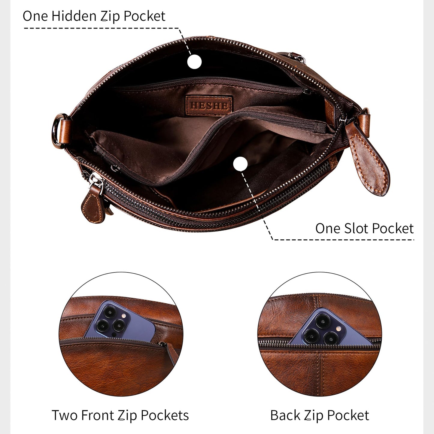 HESHE Leather Crossbody Bags for Women Vintage Satchel Bags Leather Purses and Handbags Small Shoulder Handbags Sling Pocket Bag Hobo Purse Designer Travel Bags (Brown)