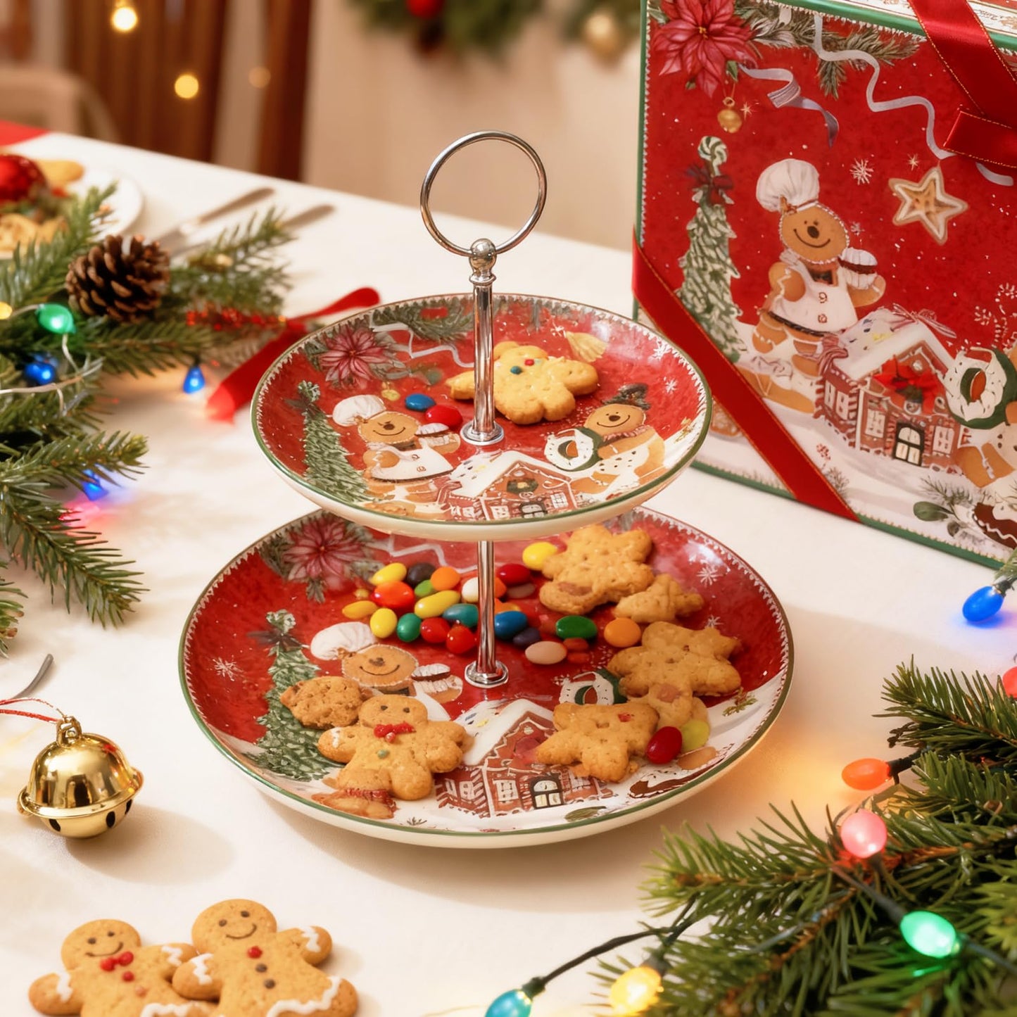 2-Tier Red Round Porcelain XMAS Cake Fruit Stand Plate with Gift Box, Cupcake Serving Display Ceramic Pastry Tray Towers Platter Set for Dessert Appetizer Candy Buffet for Home Party - Gingerbread Man
