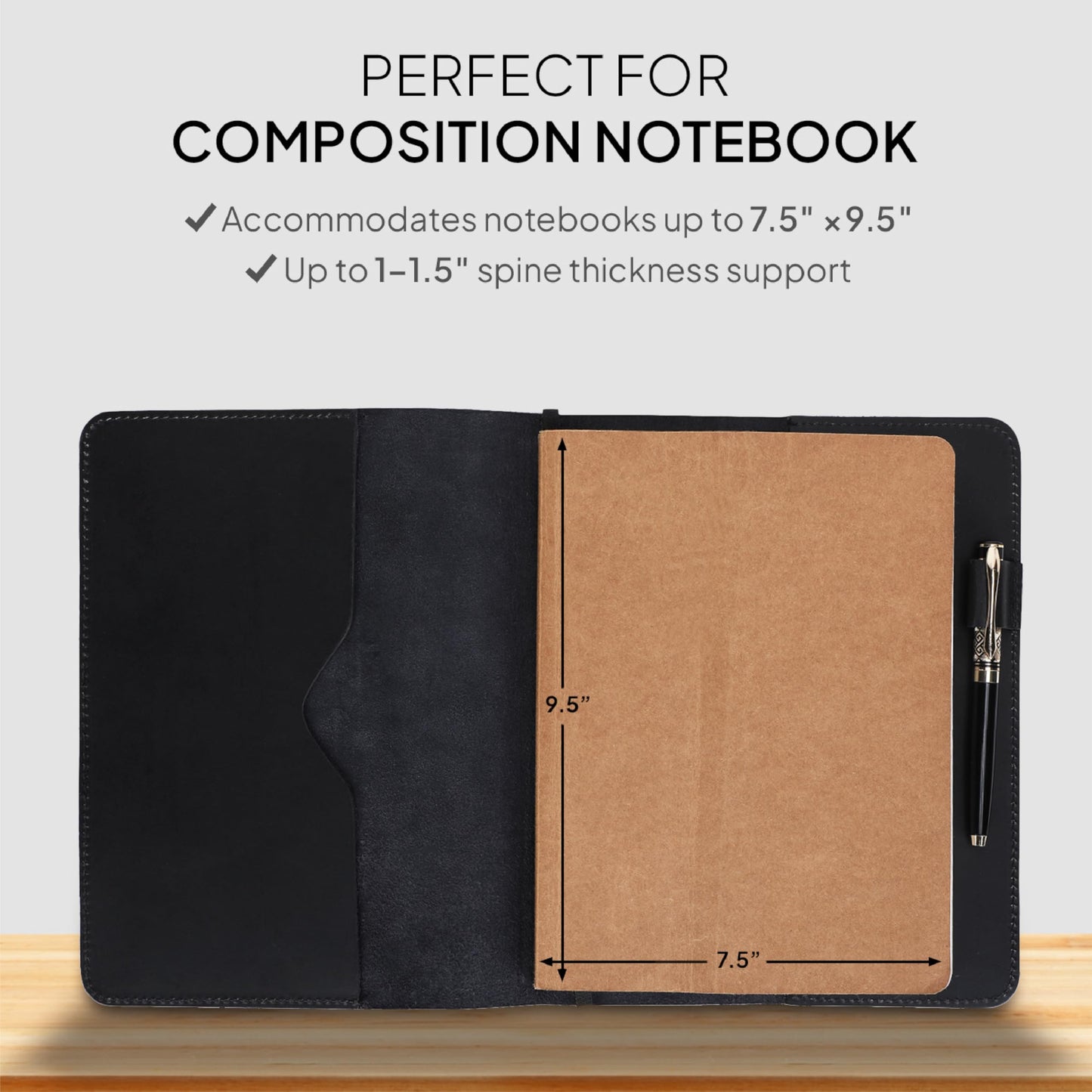 TheAntiq XL Leather Journal Cover 7.5 x 9.5 Inch – Refillable Genuine Leather Cover for Composition Notebook, Planner & Diary – Handmade Protective Travel Writing Case, Black