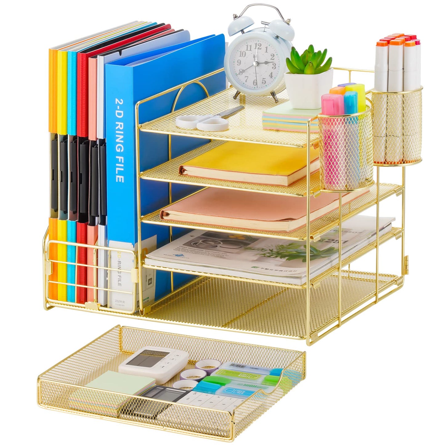 Marbrasse Rose Gold Desk Organizer with File Holder, 5-Tier Paper Letter Tray Organizer with Drawer and 2 Pen Holder, Mesh Desktop Organizer and Storage with Magazine Holder for Office Supplies