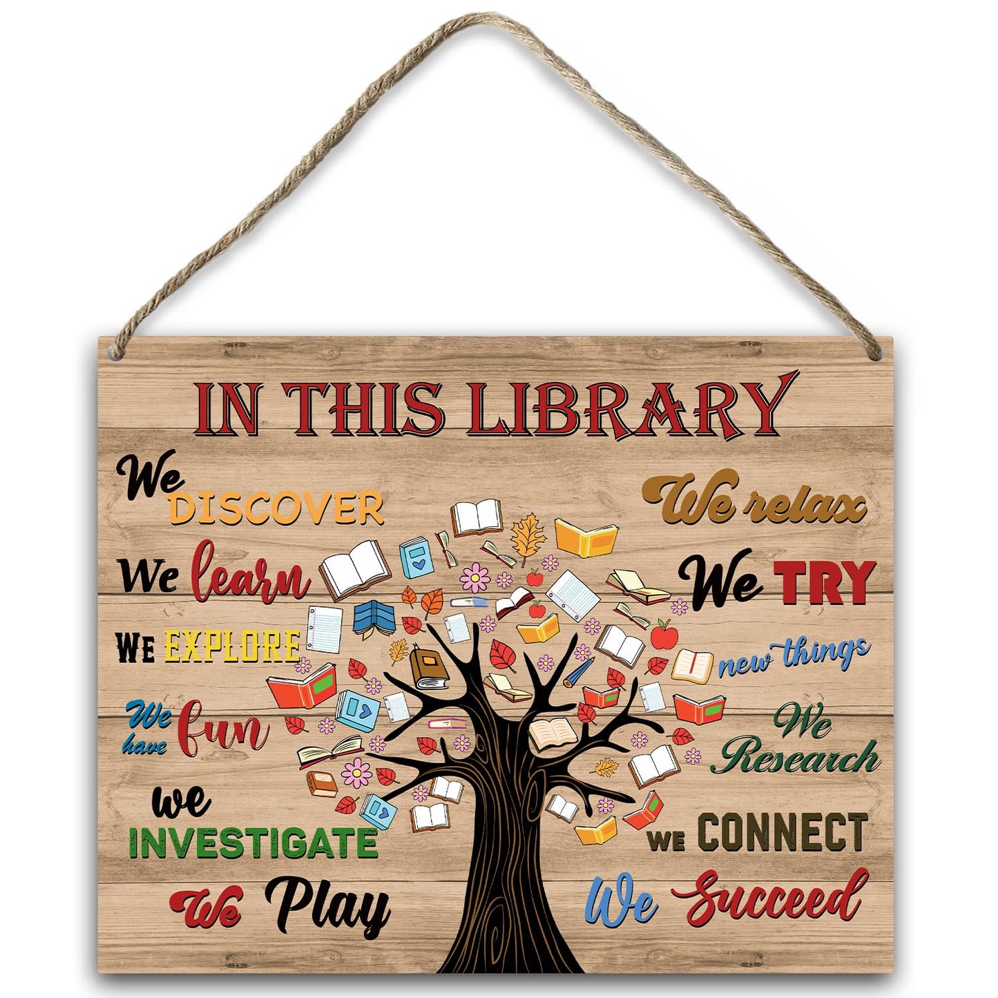 In This Library Wood Hanging Sign, Welcome Reading Room Art Wood Sign Plaque with Rope, Wall Wooden Plaque Hang Ornament, Study School Door Shelf Decor Supplies, Inspirational Christmas Gift -60
